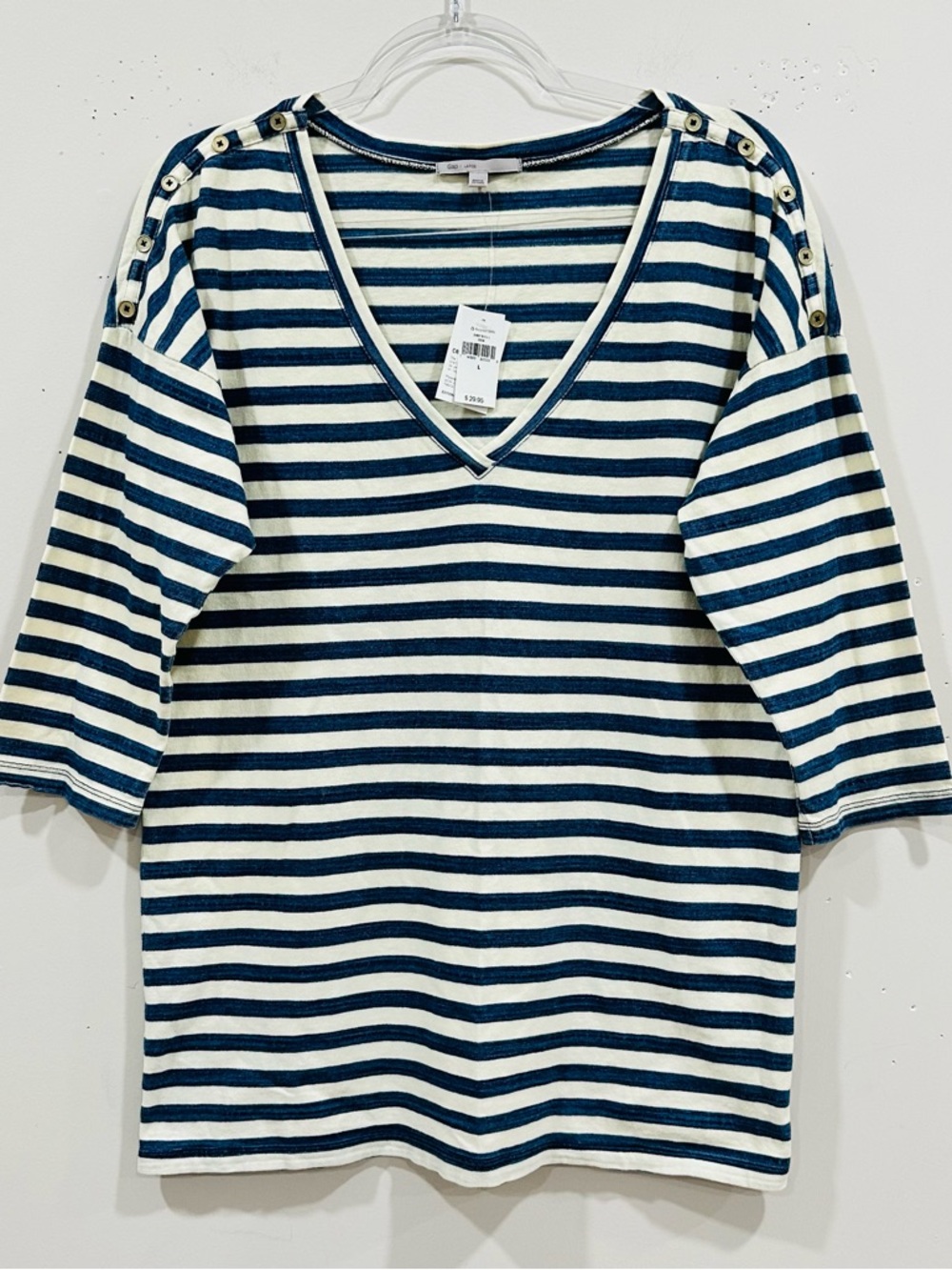 Gap Womens L 3/4 sleeve T-shirt tunic loose fit oversize blue‎ stripe top NWT
